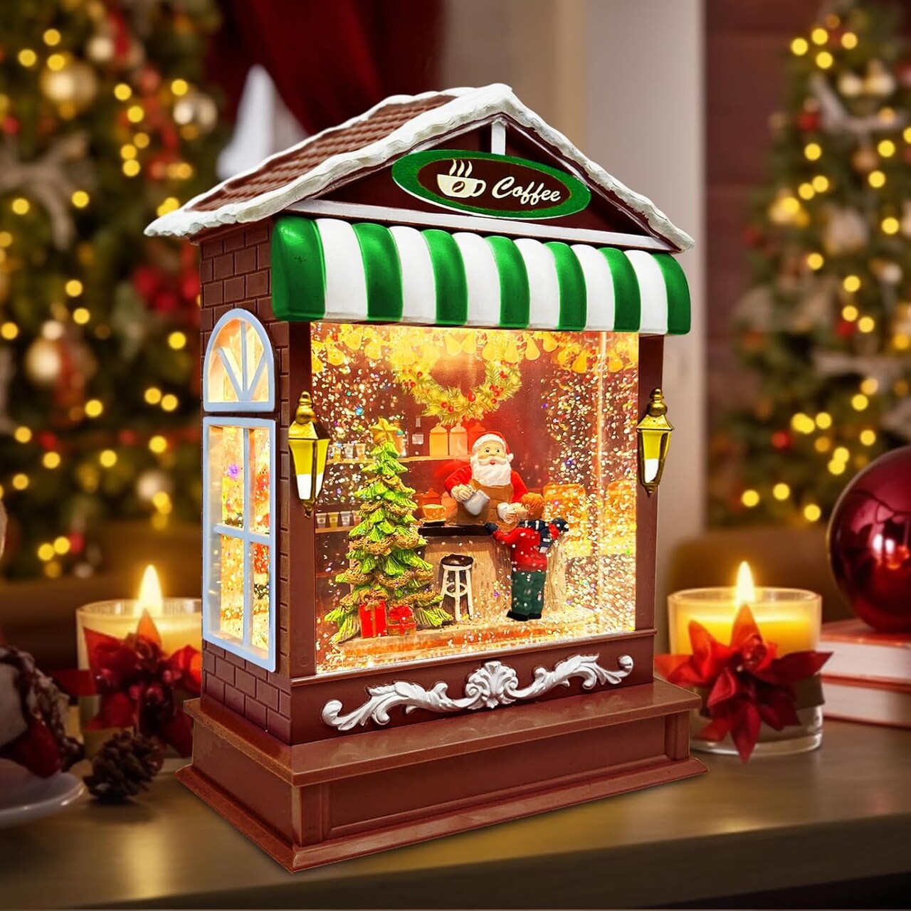 Musical Christmas Snow Globes Lighted with Timer 8 Songs Santa Making Coffee Shop Snowglobe USB/Battery Operated Swirling Glitter Christmas Decorations Home Decor for Kid Adult